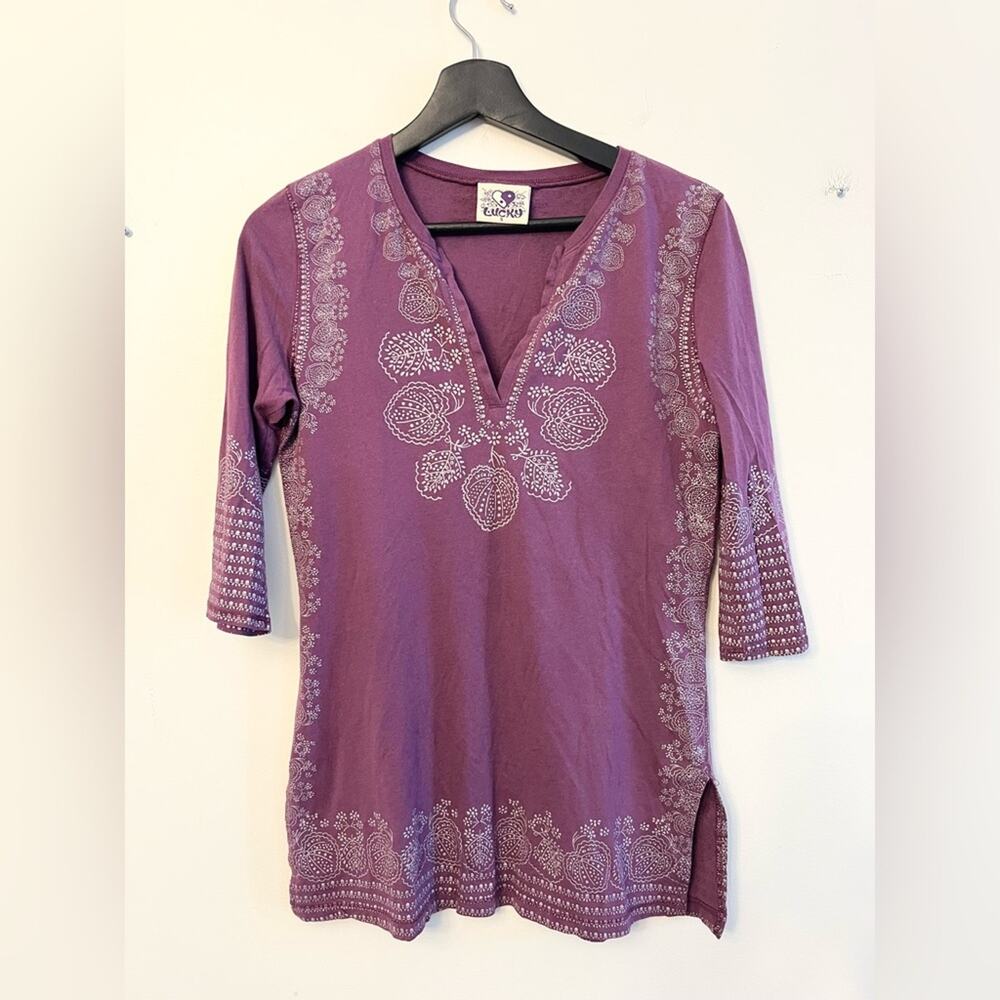 Vintage Y2K lucky brand boho top royal purple silver metallic paisley detail S